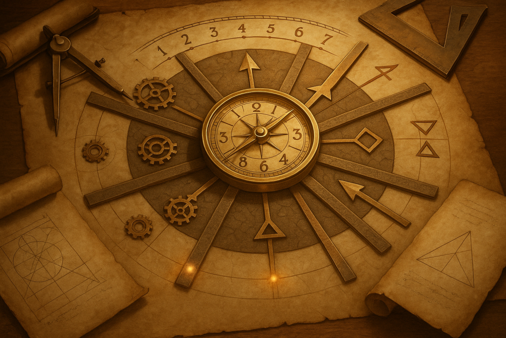 Boussole dorée antique avec chiffres 1 à 9 entourée d'instruments de navigation sur parchemin, illustrant la numérologie comme outil de planification stratégique