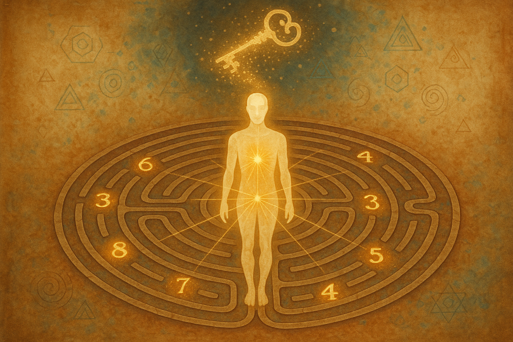 Figure humaine lumineuse au centre d'un labyrinthe numérologique avec chiffres dorés 1 à 9, clé mystique dorée symbolisant la révélation du potentiel authentique par la numérologie sur fond parchemin ancien