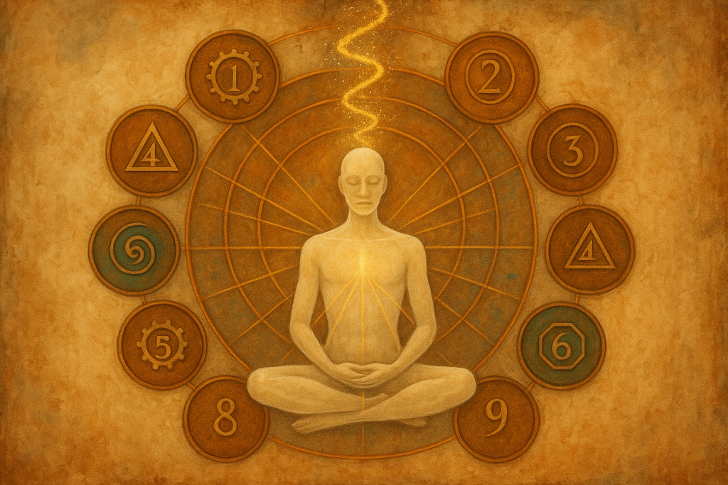 Illustration productivité numérologie montrant une silhouette en méditation entourée de 9 cercles numérologiques avec spirale dorée, symbolisant l'organisation personnelle selon les cycles énergétiques et la date de naissance